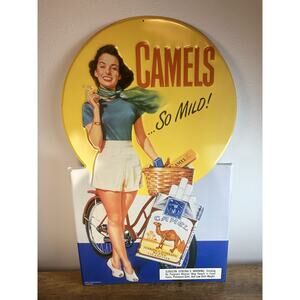 Rare Vintage Camel Cigarette Bicycle Girl Metal Sign